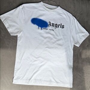 Palm Angels White Short-Sleeve Tee with Blue Spray Graphic